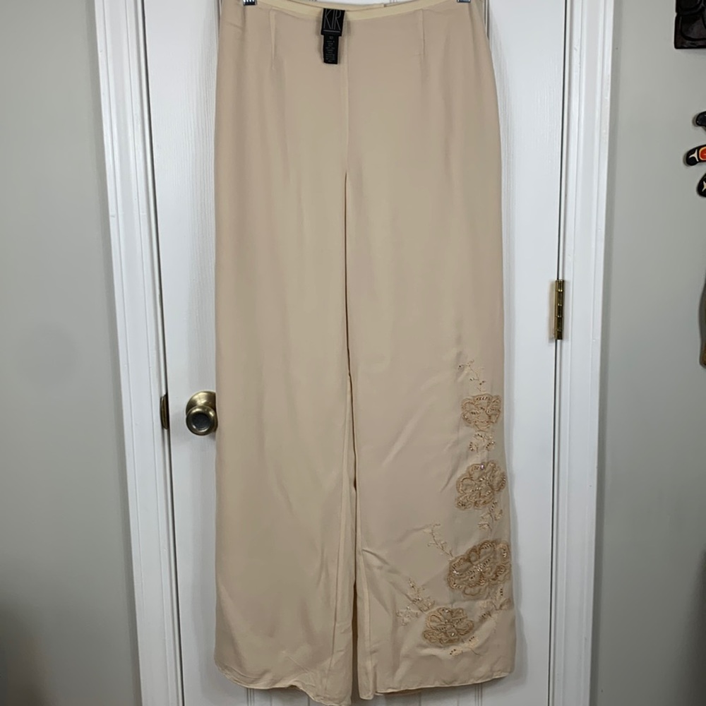 KIR cream colored 100% silk pants 10. Zipper in back. Embroidery/beads on leg